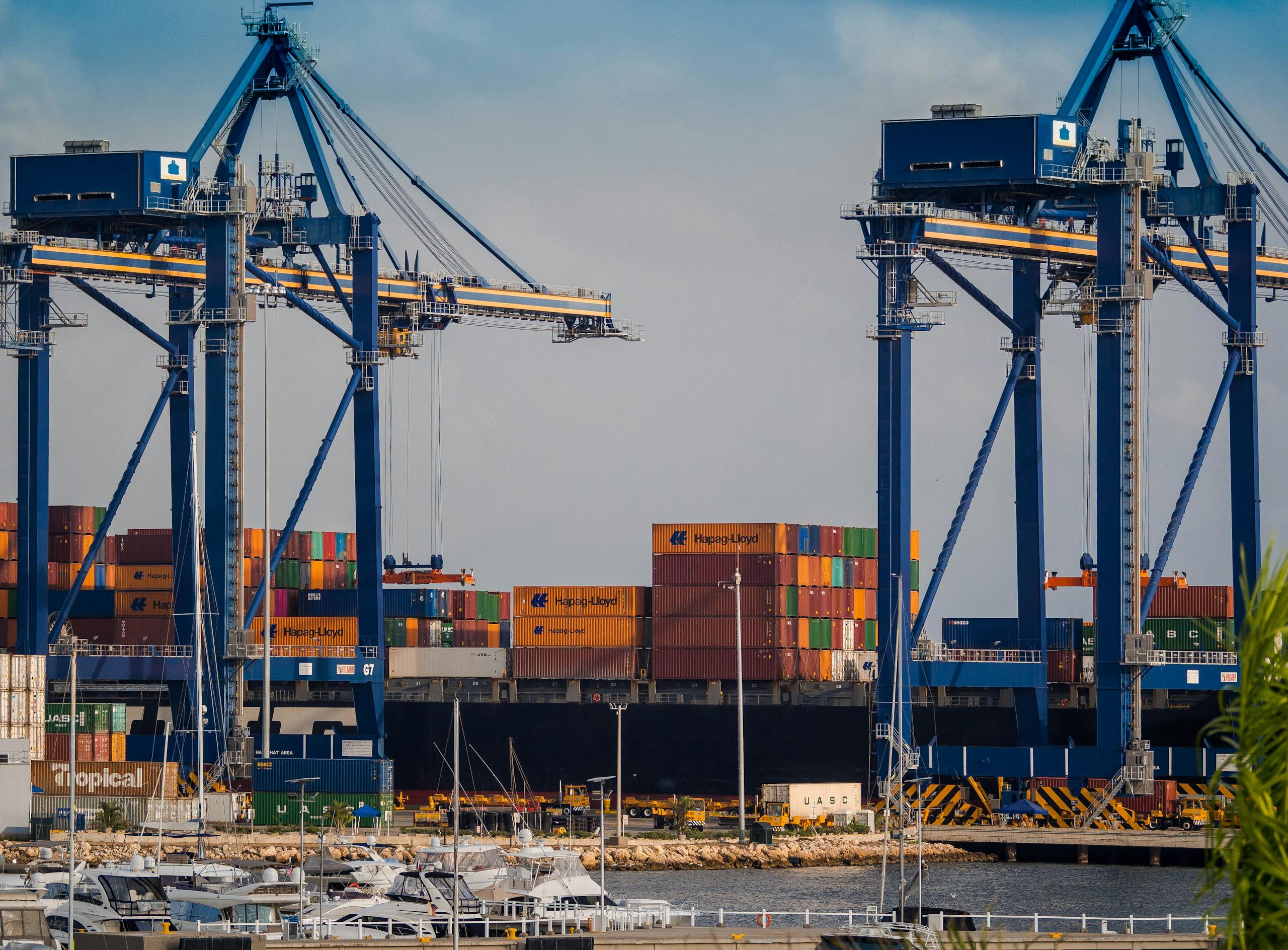 Busy industrial port showcasing cargo cranes and colorful shipping containers.